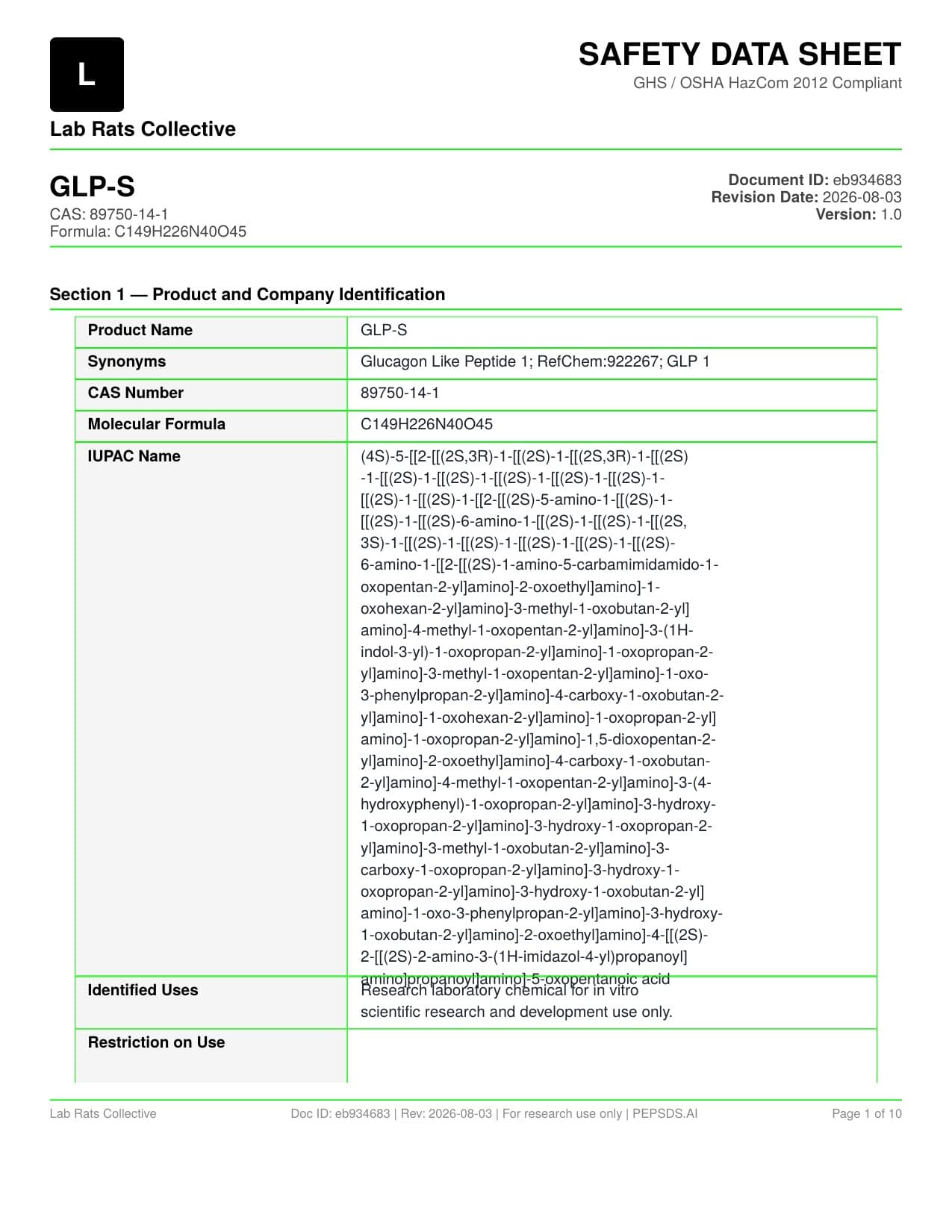 GLP-S 10MG SDS