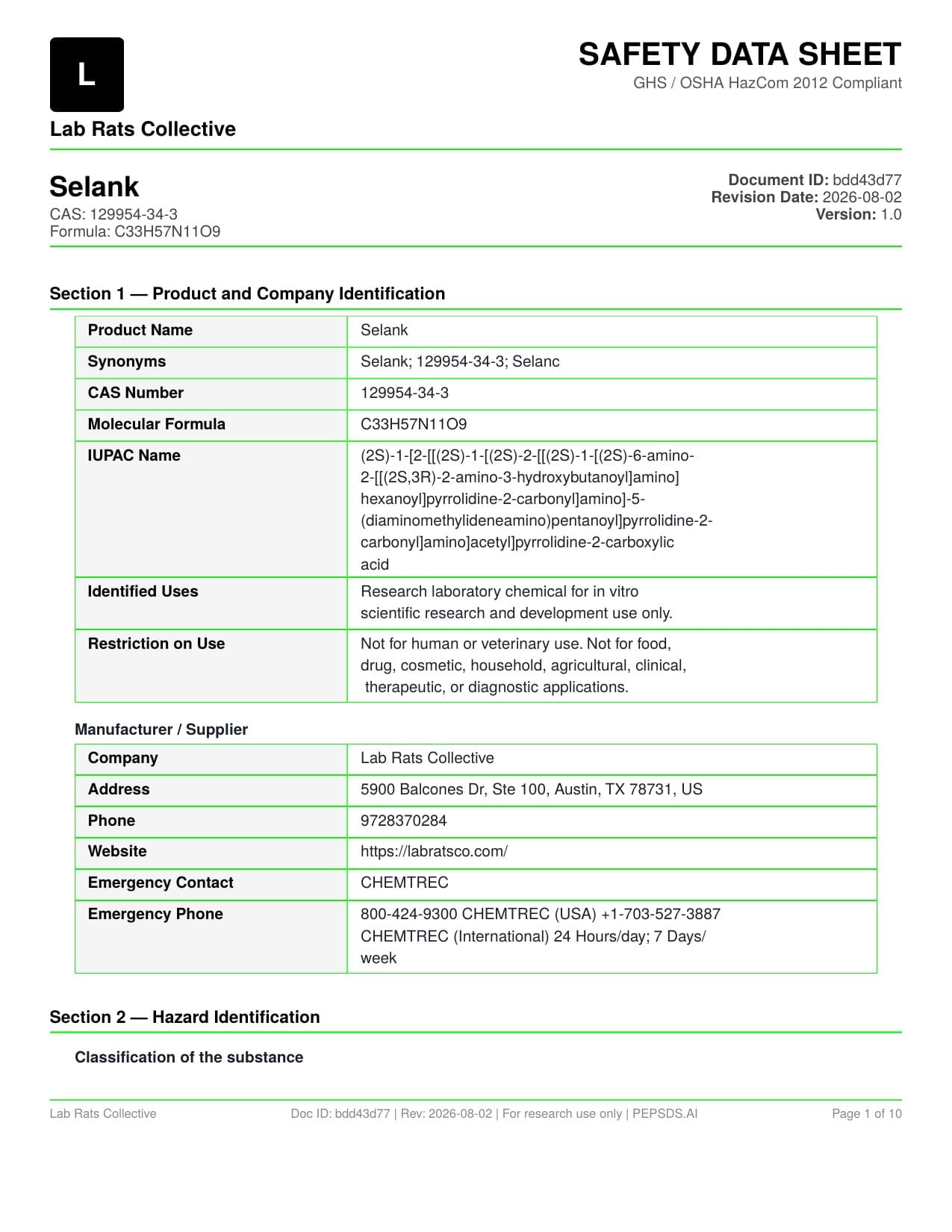 Selank 10mg SDS
